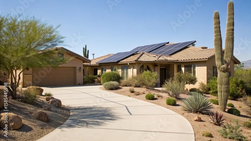 Energy-Efficient Suburban Home with Solar Panels in a Sunny Desert Landscape