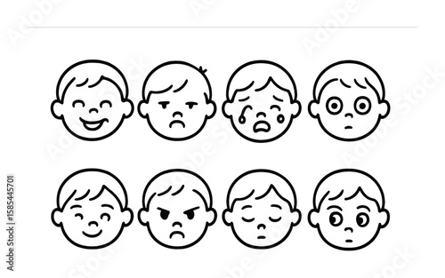 Child Expression Icons. Outline icon set of child facial expressions: giggle, pout, cry, wide eyes, shy smile,