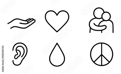 Emotional Support Icons. Outline icon set of emotional support icons: comforting hand, heart, speech bubble,