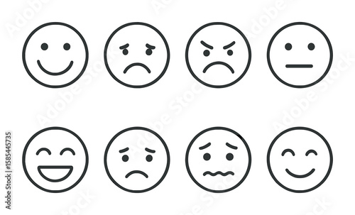 Facial Expressions Icons. Outline icon set of facial expressions for mood tracking: happy face, sad face,