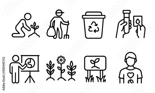 Environmental Conservation Icons. Outline icon set of environmental conservation efforts: tree planting, clean
