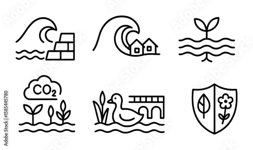 Coastal Protection Icons. Outline icon set of coastal protection benefits: wave barrier, storm surge, soil