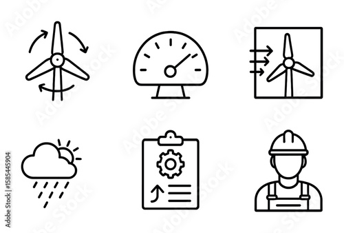 Turbine Optimization Icons. Outline icon set of turbine performance optimization: blade pitch control, power