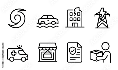 Severe Weather Icon Set. Outline icon set of severe weather and its impact on local economies: hurricane,