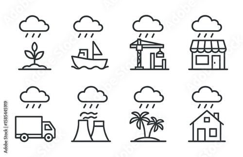 Weather-Impacted Sectors Icons. Outline icon set of economic sectors affected by weather: agriculture, fishing