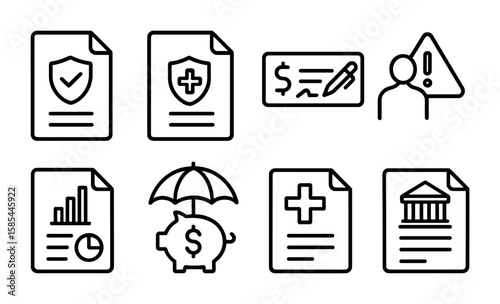 Finance and Insurance Icons. Outline icon set of insurance and finance: insurance policy, claim form, payout