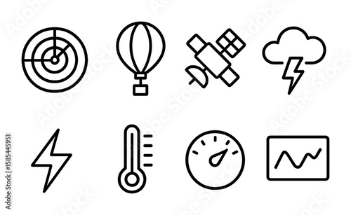 Weather Monitoring Icons. Outline icon set of weather monitoring and prediction: radar, weather balloon,