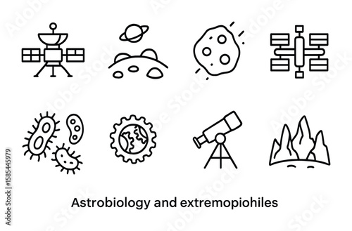 Astrobiology Icons Set. Outline icon set of astrobiology and extremophiles: space probe, Mars surface,