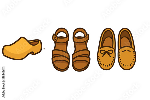 Illustration of footwear types: clog, sandal, loafer