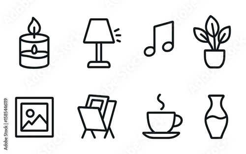 Modern Salon Icons. Outline icon set of salon ambiance: scented candle, soft lighting, music notes, indoor