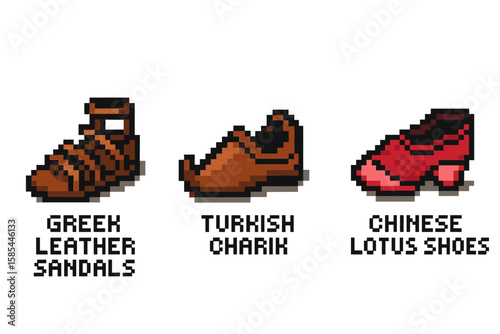 Pixel art of historical footwear: greek sandals, turkish charik, chinese lotus shoes