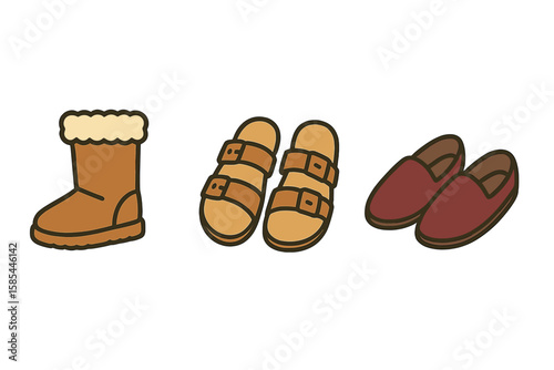 Illustrated footwear collection: boots, sandals, loafers on green background