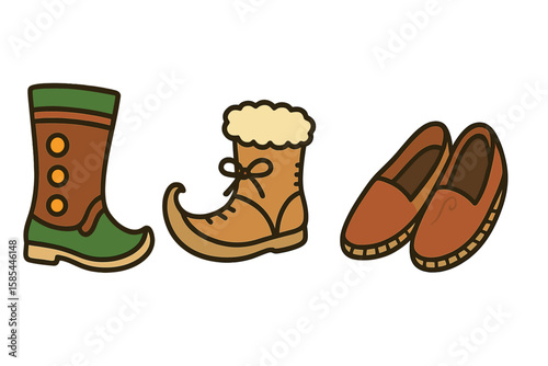 Colorful cartoon boots and loafers on green background