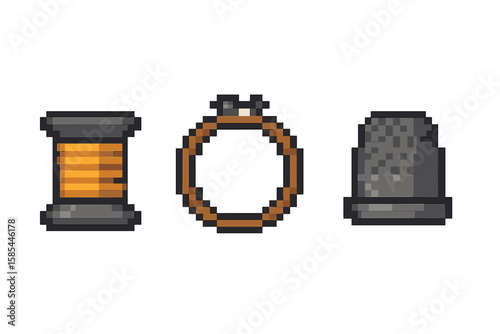 Pixel art of spool, embroidery hoop, and thimble for stitching enthusiasts