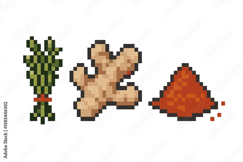 Fototapeta premium Pixel art of herbs, ginger root, and spice pile