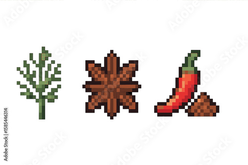 Pixel art of various spices including cilantro, star anise, and red chili pepper