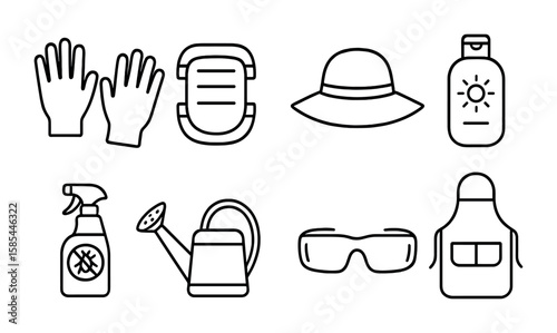 Balcony Gardening Essentials. Outline icon set of safety and comfort for balcony gardening: gloves, knee pads,