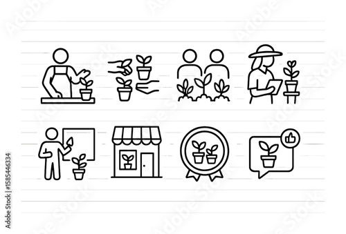 Gardening Event Icons. Outline icon set of gardening events and communities: garden workshop, plant swap,