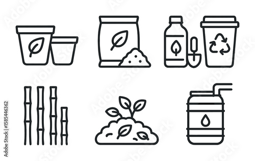 Eco-Friendly Gardening Icons. Outline icon set of eco-friendly gardening materials: biodegradable pots,