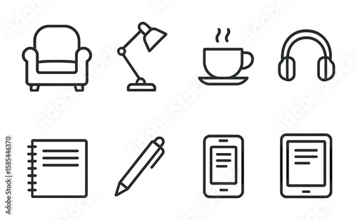 Reading Icons Set. Outline icon set of reading habits: comfy chair, reading lamp, cup of tea, headphones,