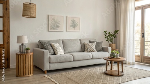 Minimalist Living Room with Grey Sofa, Neutral Tones, and Natural Accents