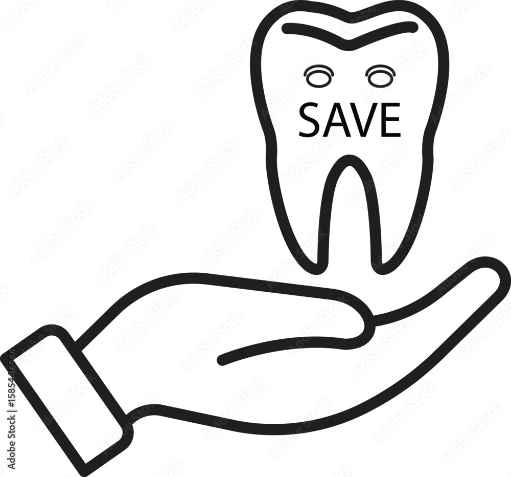 Obraz premium Tooth in hand icon with 'SAVE' text symbolizing emergency dental preservation or urgent tooth rescue with transparent background