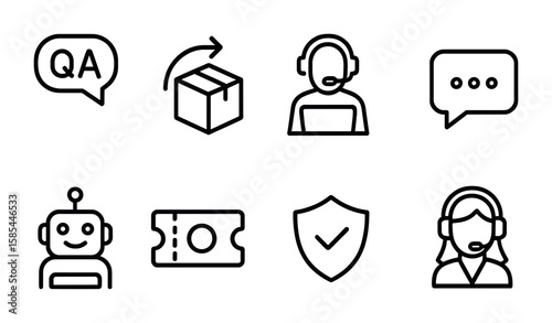 E-commerce Support Icons. Outline icon set of customer support in e-commerce: FAQ, return policy, help desk,