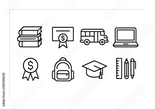 Education Expenses Icons. Outline icon set of education expenses: books, tuition, school bus, laptop,