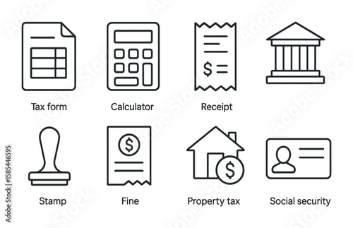 Tax Icon Set. Outline icon set of taxes and government fees: tax form, calculator, receipt, tax office, stamp,