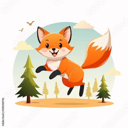 A cheerful cartoon fox jumps happily in a forest clearing with pine trees and a bright, airy sky.