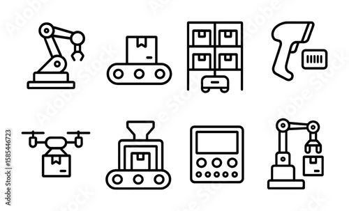Warehouse Automation Icons. Outline icon set of warehouse automation: robotic arm, conveyor belt, automated