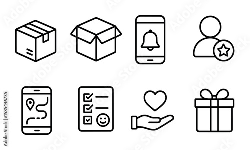 Shipping Experience Icons. Outline icon set of customer experience in shipping: package arrival, unboxing,