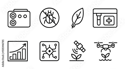 Crop Health Icons. Outline icon set of crop health monitoring: multispectral camera, pest detection, leaf