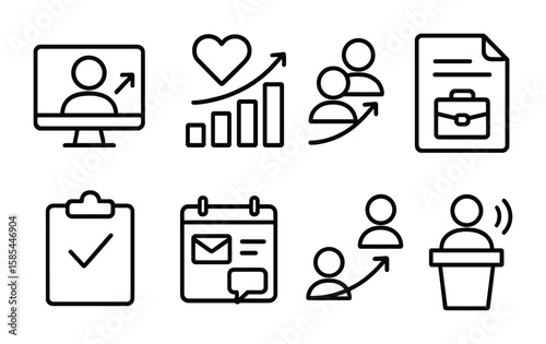 Career Metrics Icons. Outline icon set of career visibility metrics: profile views, engagement rate, follower