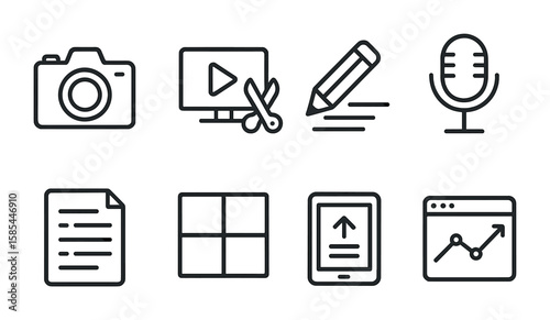 Content Creation Icons. Outline icon set of content creation for visibility: camera, video editing, writing,