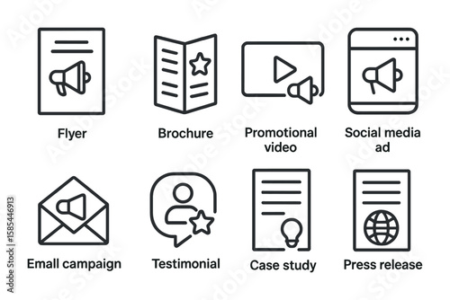 Brand Promotion Icons. Outline icon set of brand promotion materials: flyer, brochure, promotional video,