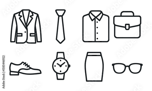 Professional Attire Icons. Outline icon set of clothing for professional lifestyles: blazer, necktie, dress