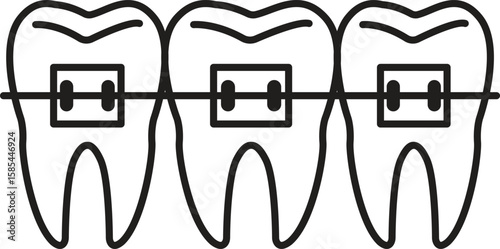 Three teeth with braces icon symbolizing orthodontics, dental alignment or braces treatment with transparent background