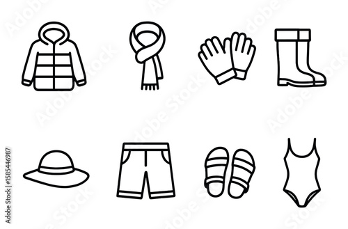 Seasonal Clothing Icons. Outline icon set of seasonal clothing variations: winter coat, scarf, gloves, rain