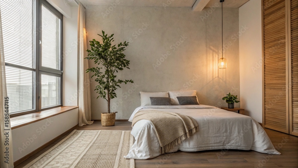 Minimalist Loft-Style Bedroom with Neutral Tones, Large Window, and Warm Ambient Lighting Minimalist Loft-Style Bedroom with Neutral Tones, Large Window, and Warm Ambient Lighting
