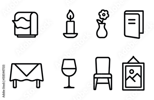 Restaurant Icon Set. Outline icon set of restaurant ambiance: napkin dispenser, candle, flower vase, menu,