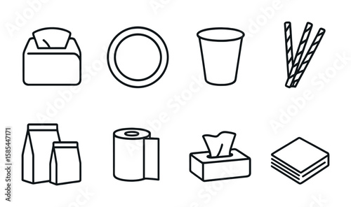 Disposable Paper Icons Set. Outline icon set of disposable paper products: napkin dispenser, paper plates,