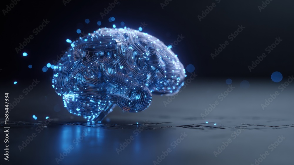Obraz premium Digital brain, glowing blue, network