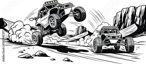 An offroad buggy soars through the air after launching off a dune, with another buggy racing close behind in the desert
