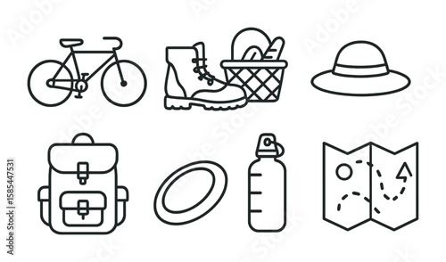 Outdoor Family Icons. Outline icon set of a family playing outdoors: bicycle, hiking boots, picnic basket, sun