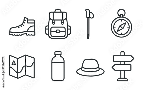 Hiking Essentials Icons. Outline icon set of hiking essentials for families: hiking boots, backpack, walking
