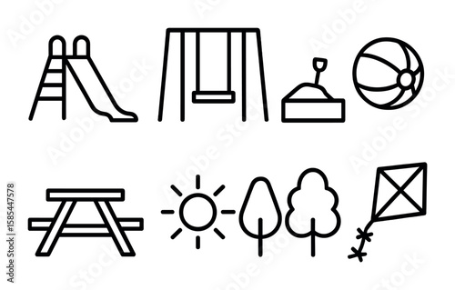 Playground Icon Set. Outline icon set of park playtime: slide, swing, sandbox, ball, picnic table, sun, trees,