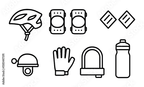 Cycling Safety Essentials. Outline icon set of cycling safety: helmet, knee pads, elbow pads, reflectors, bell