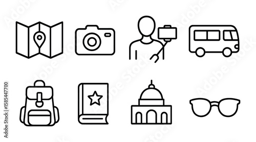 Tourist Icon Set. Outline icon set of tourist activities: map, camera, selfie, tour bus, backpack, guidebook,