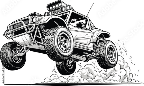 An offroad buggy is captured midair, soaring over a cloud of dust, showcasing the thrill of extreme motorsports